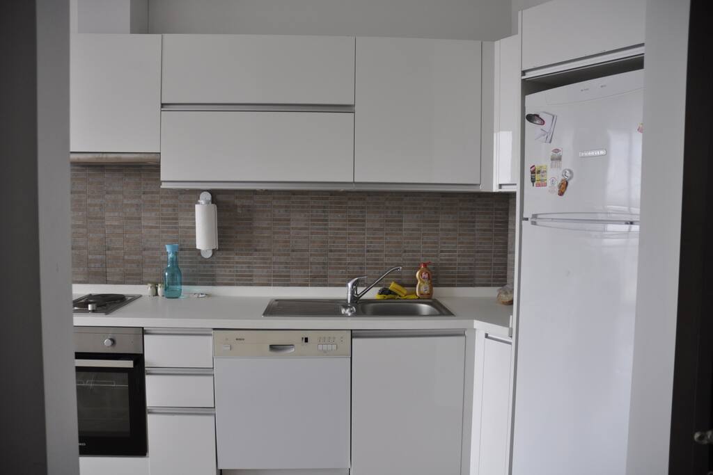 The open kitchen, with an oven, a dish washer, a big fridge and all dishes necessary.