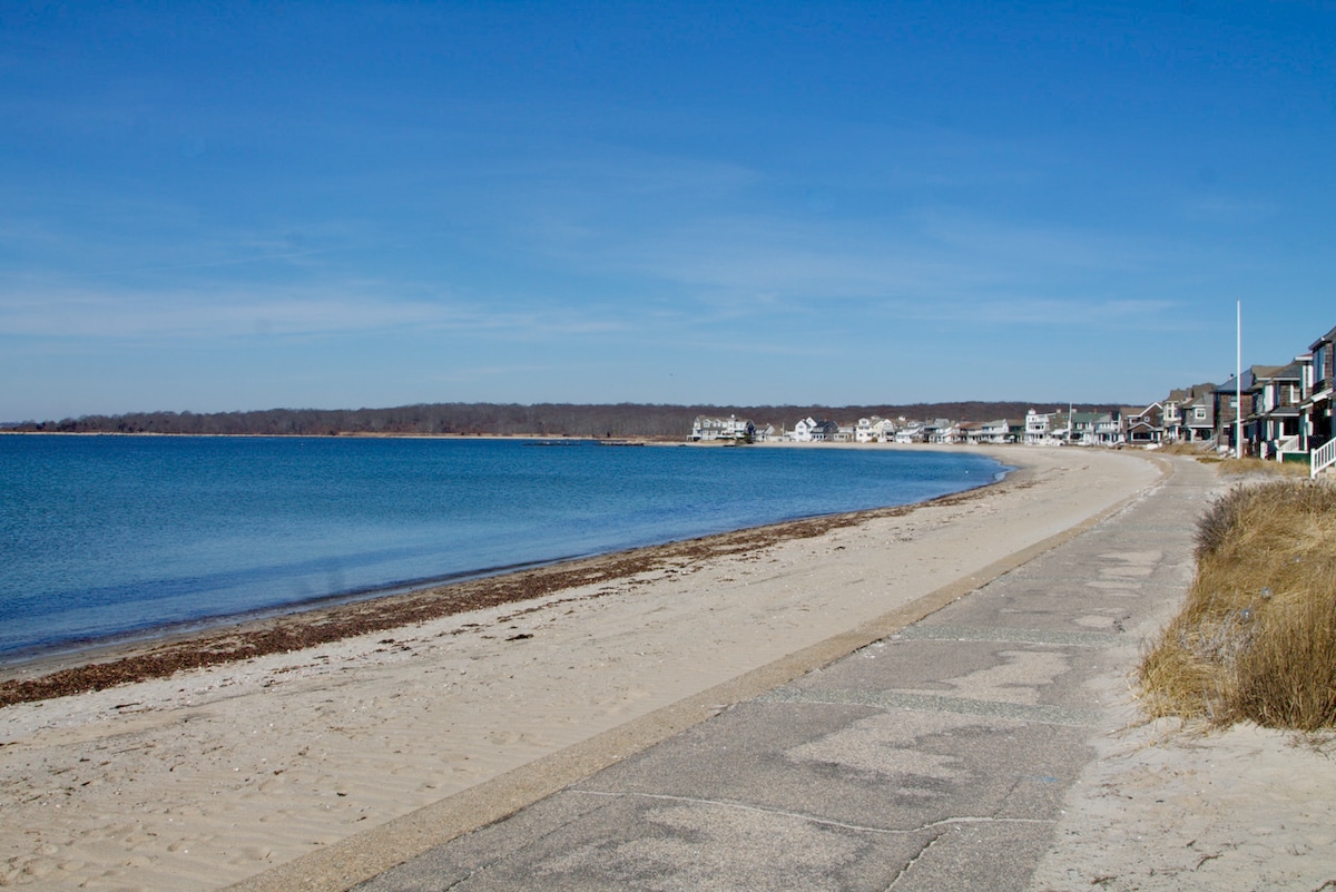 A sandy beach stretches along a tranquil shoreline, with a calm blue ocean meeting the horizon. A paved pathway runs parallel to the beach, and several beach houses are visible in the distance against a clear sky, suggesting a peaceful seaside environment.