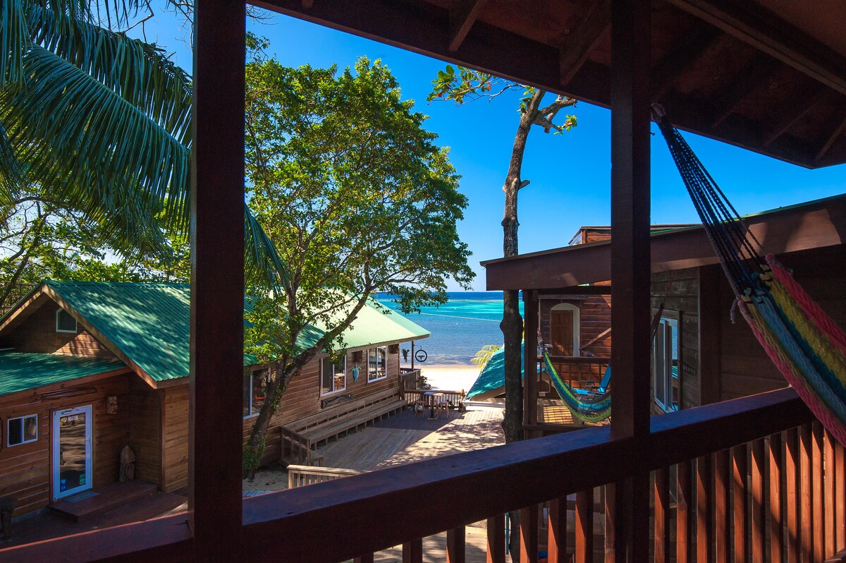 A view of the beachfront from a wooden porch reveals calm waters and a clear blue sky. Lush trees provide shade alongside the sandy area, while colorful hammocks are positioned between support beams. Nearby buildings feature wooden exteriors with green roofs, contributing to the natural ambiance.