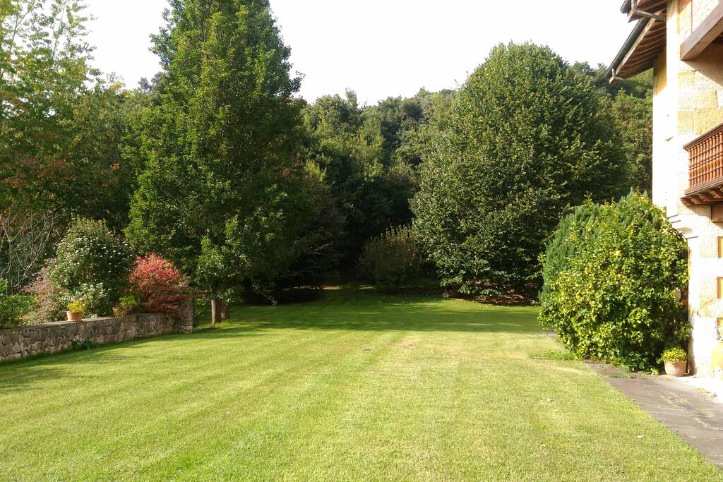 Vista del jardín, con encinar al fondo