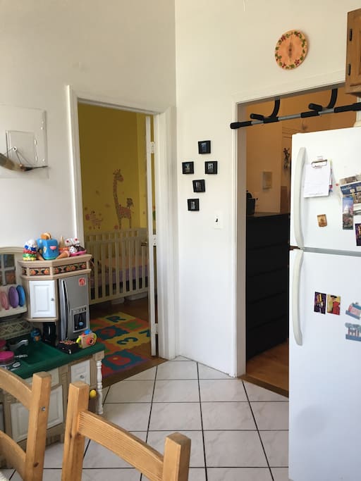 Kitchen, view to children's room and hall
