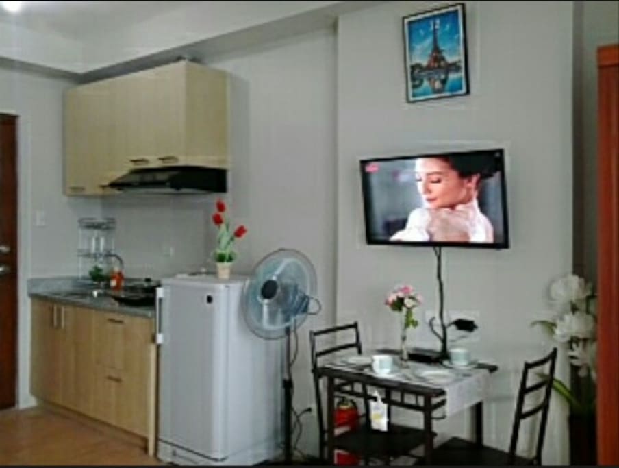 With cable TV, kitchen wares.