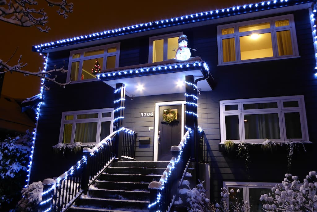 The house lit up during the holidays!