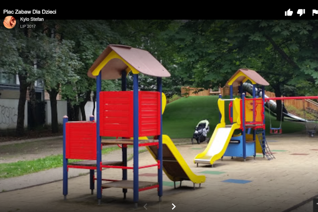 The playgroud for children is located right next to my building, in the park between my building and the bazaar with fresh fruit, vegetables...