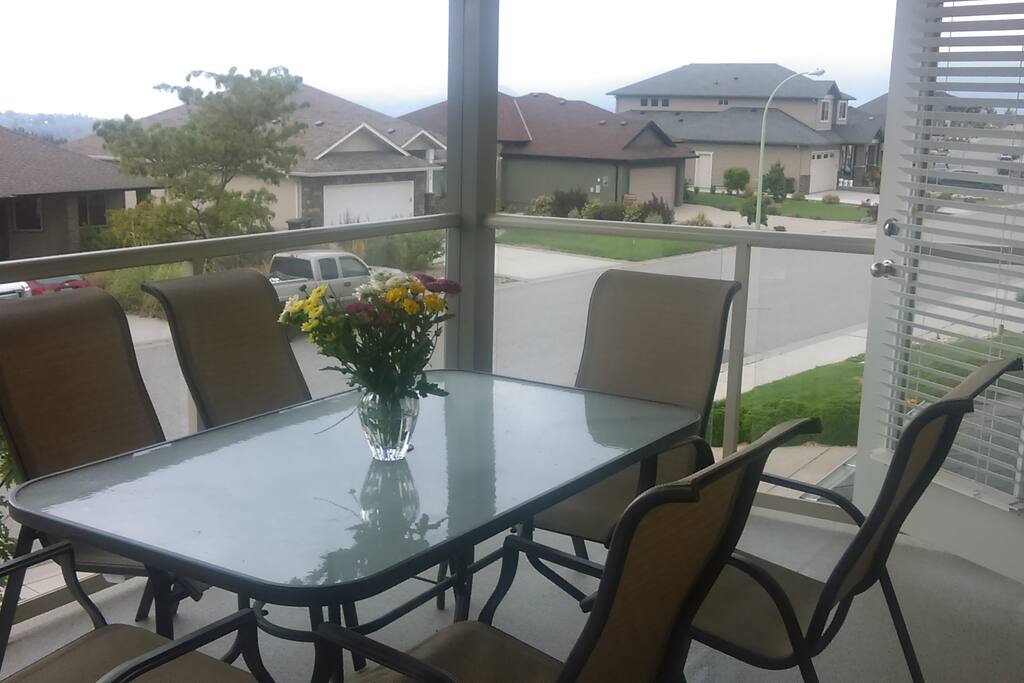 Front deck with lake and mountain views
