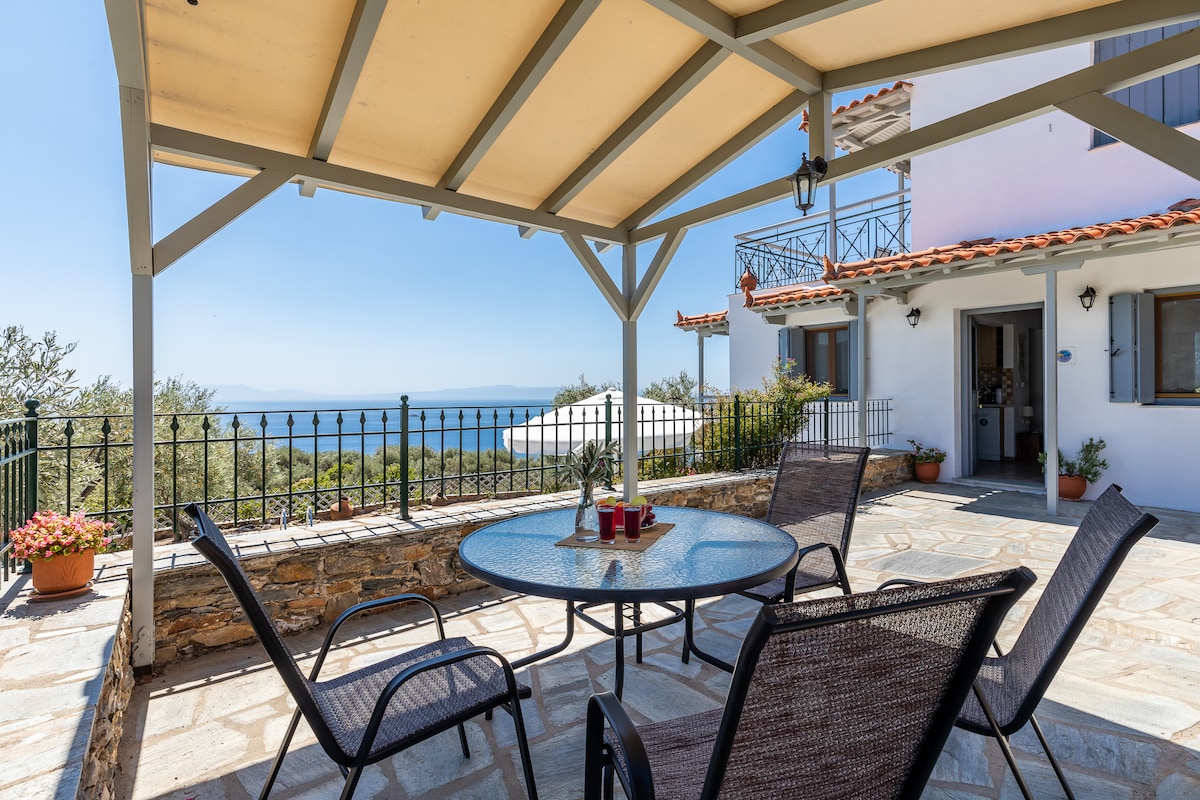 An outdoor terrace is presented, featuring a round table surrounded by four chairs. Potted plants add color to the stone-paved area, and a railing offers views of the surrounding landscape and sea under a clear sky.