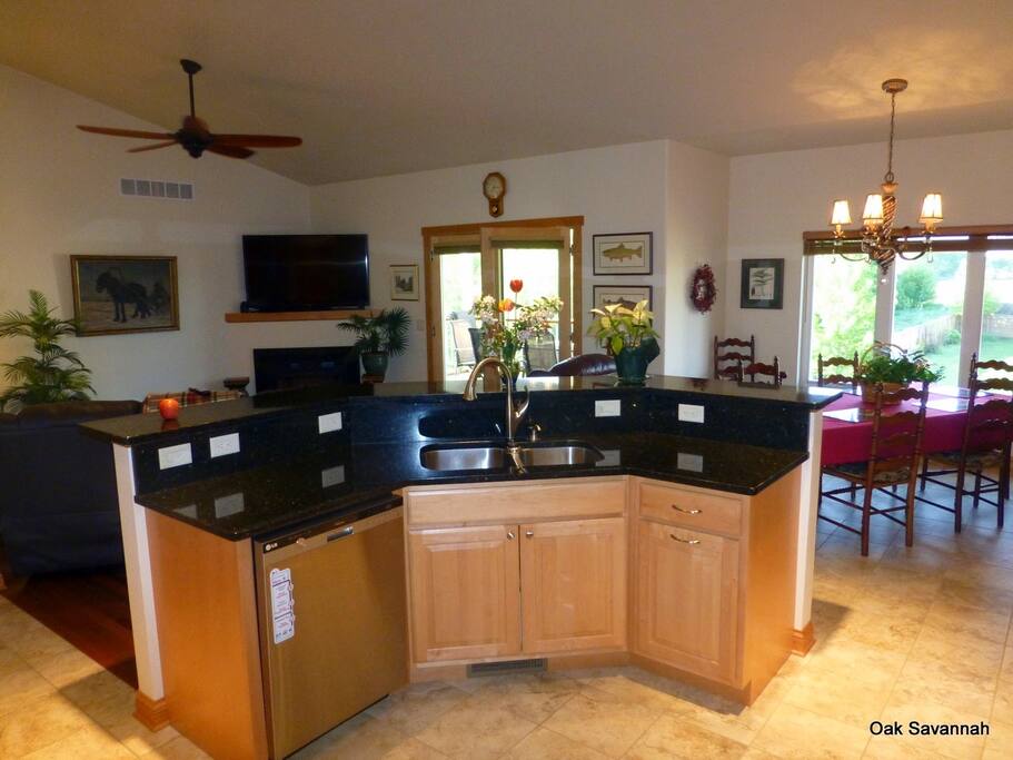 Kitchen Island facing 60" Sony, porch, living and dining room