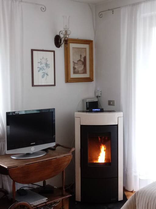 The living room and the pellet stove.