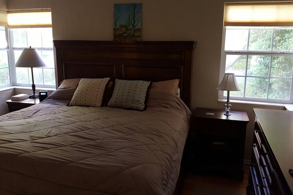 Master bedroom with corner windows and king bed
