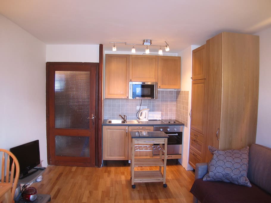 Fully equipped open plan kitchen.