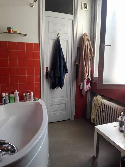 La salle de bain avec baignoire et vue sur fourvière