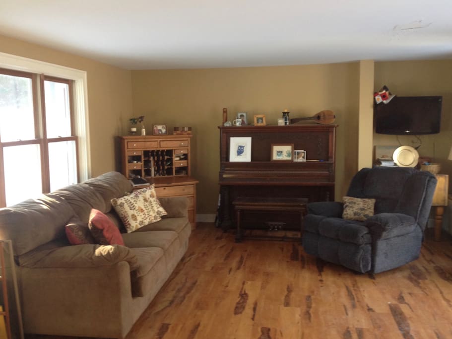 Spacious living room area with sofa and recliner