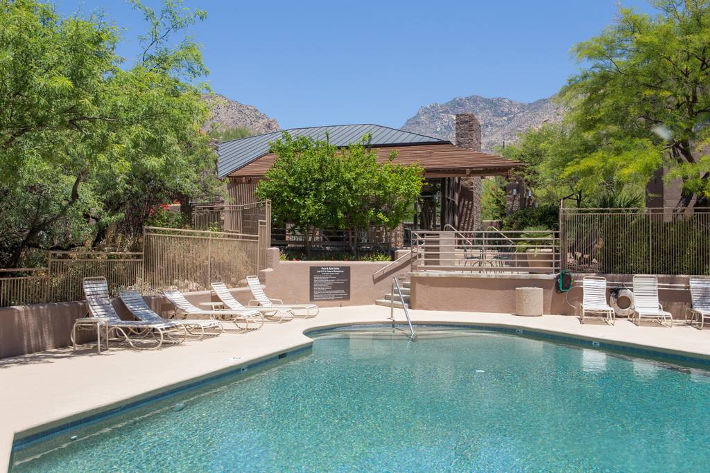 A serene outdoor pool is surrounded by lounge chairs under the shade of trees. The distant backdrop features the Catalina mountains, and a covered area is accessible for relaxation. A fence encloses the area, ensuring a private retreat.