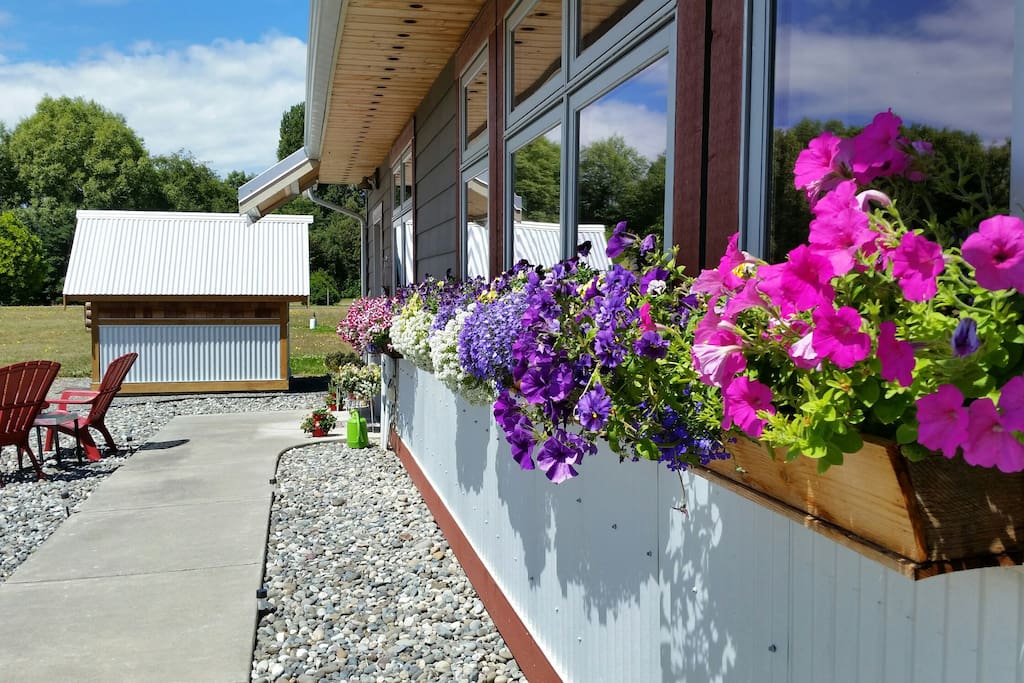 Front entrance with flower boxes in full bloom.