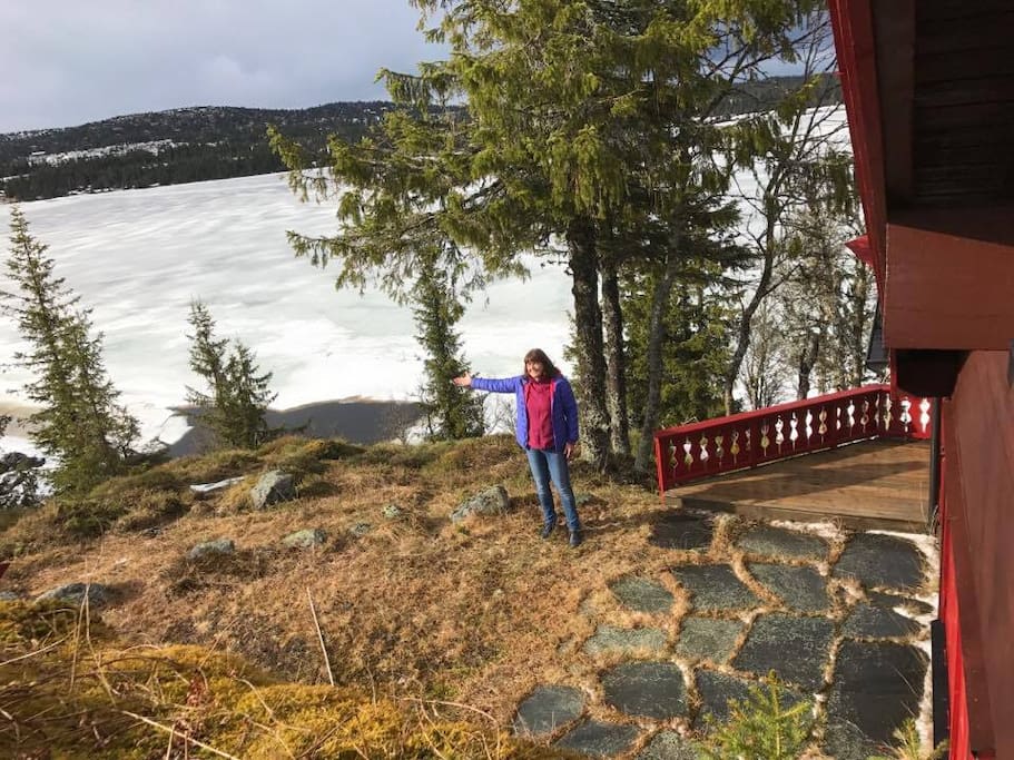 View down to the lake (here still with ice :). Trail close to the cabin (8 km around lake).