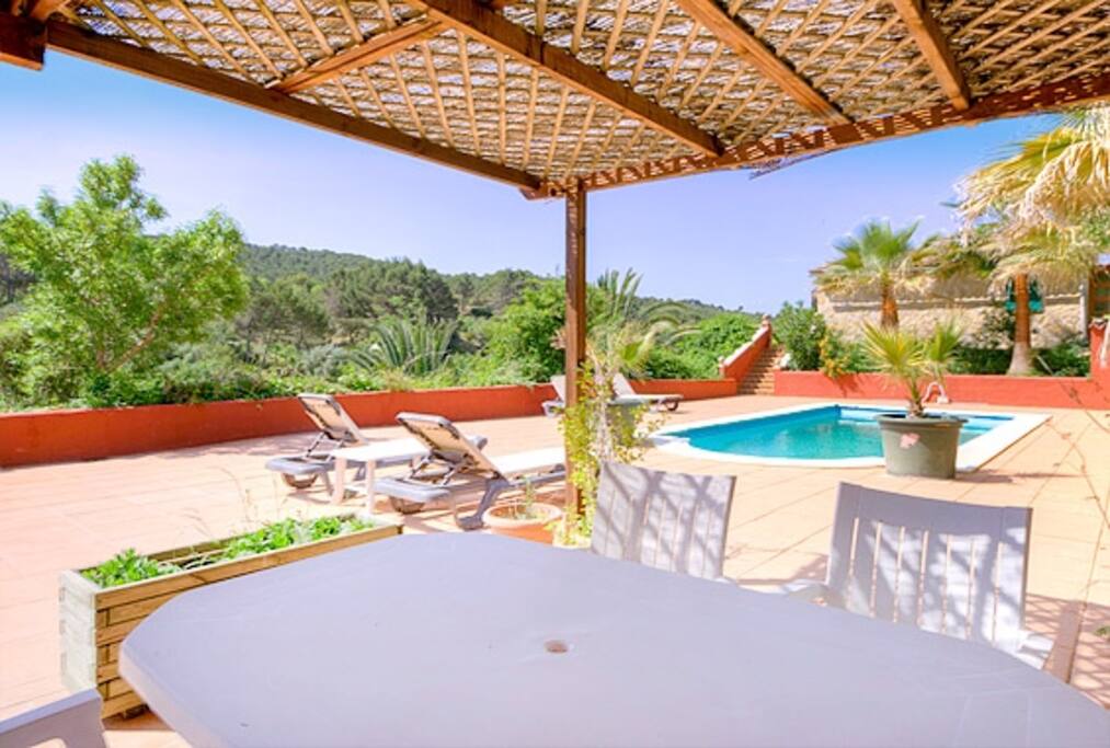 The pool and outdoor kitchen and dinning area
