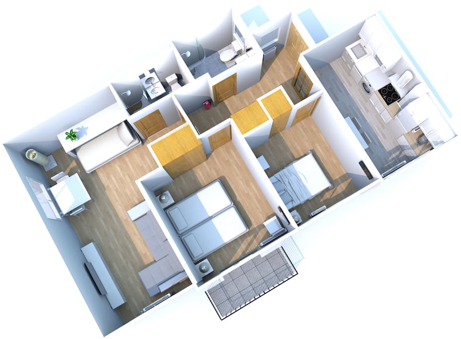 70m2, 4 camas, 2 baños completos y cocina.