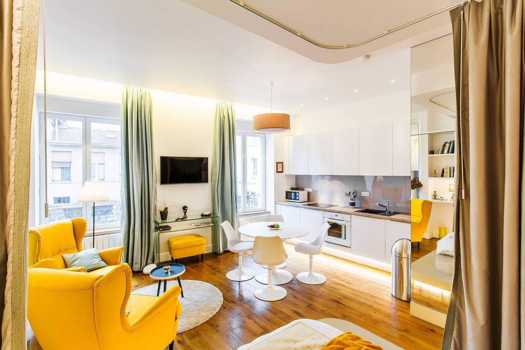 The living room and kitchen