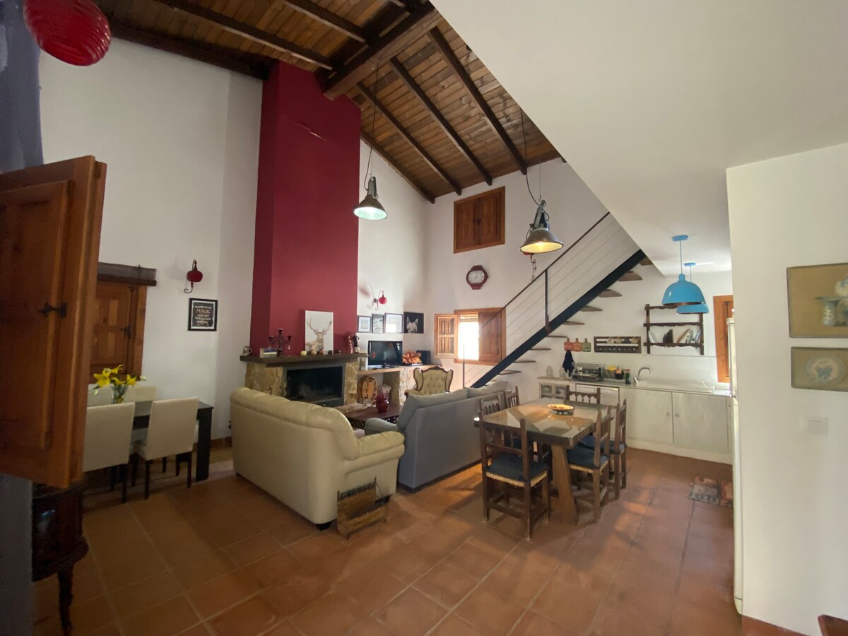 An open living area combines a cozy lounge with a dining space. A large fireplace is situated against a red accent wall, while wooden beams adorn the ceiling. Light fixtures hang above, and a staircase leads to the upper level, with a kitchen area visible in the background.