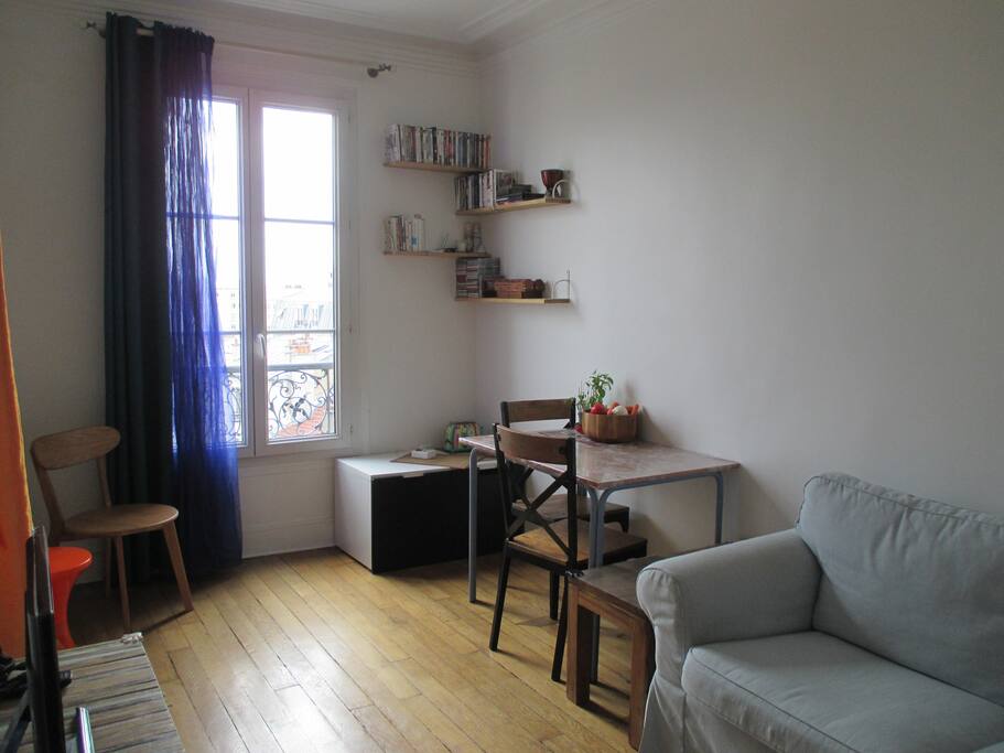 Côté ensoleillé du salon avec vue sur les toits de Paris