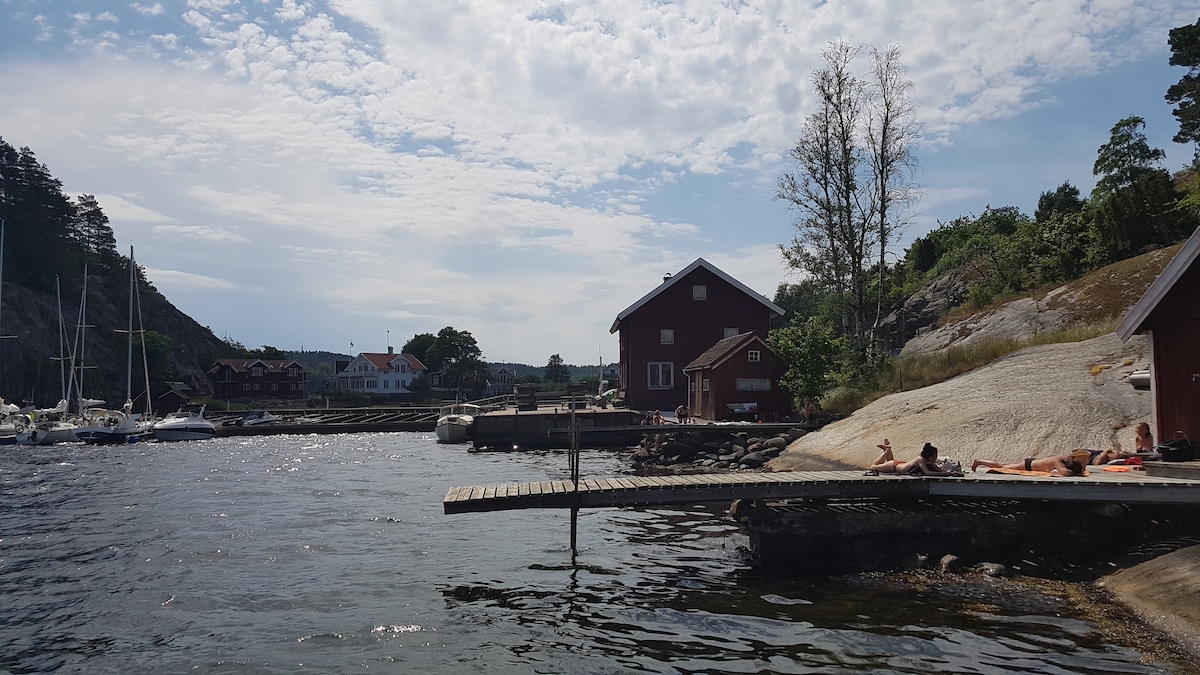 A serene waterfront scene features a wooden dock extending into calm waters, with people sunbathing on the rocks nearby. Red boathouses and sailboats are visible in the background, surrounded by green trees under a partly cloudy sky.