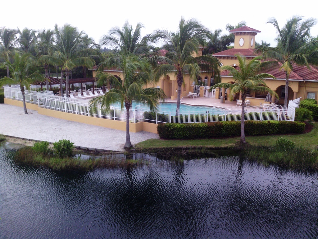 The clubhouse is viewed from a distance, surrounded by lush palm trees. A sparkling pool is visible within the gated area, along with lounging chairs arranged neatly. A tranquil pond reflects the scene, enhancing the serene atmosphere of the community.