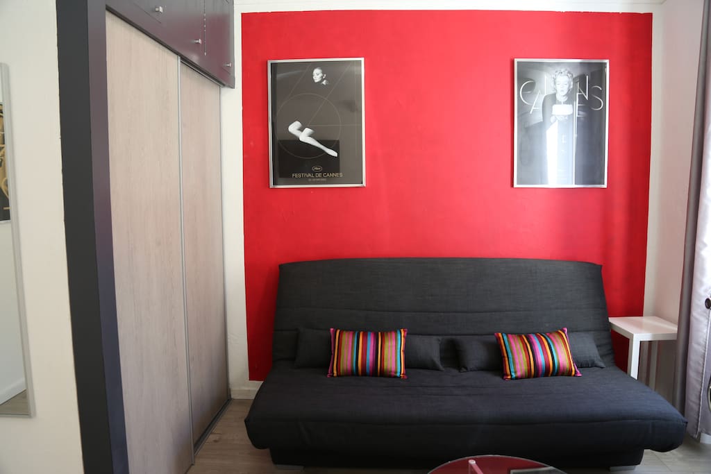 living room with a very comfy sofa bed