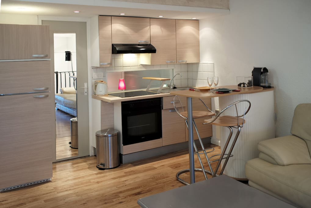 Séjour cuisine équipée avec plaques chauffantes, four, frigo, congélateur
