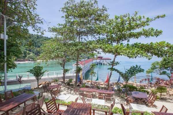 A serene outdoor dining area features wooden tables surrounded by lush trees. The view includes a tranquil sea with a wooden pier extending into the water, while sunlit waves gently lap the shore.