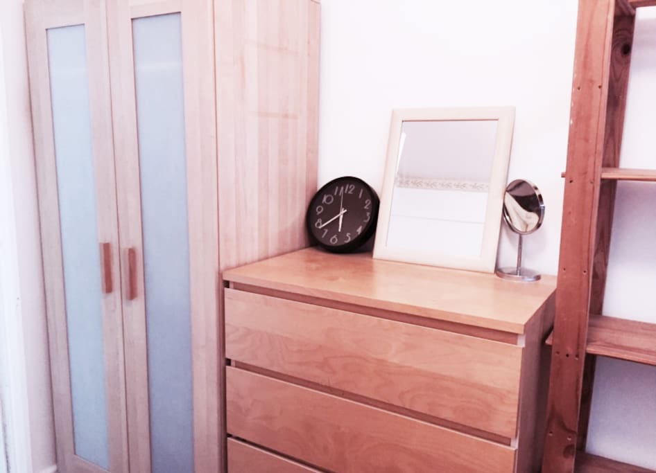 Coat hangers, wardrobe, chest of drawers, display unit inside the room