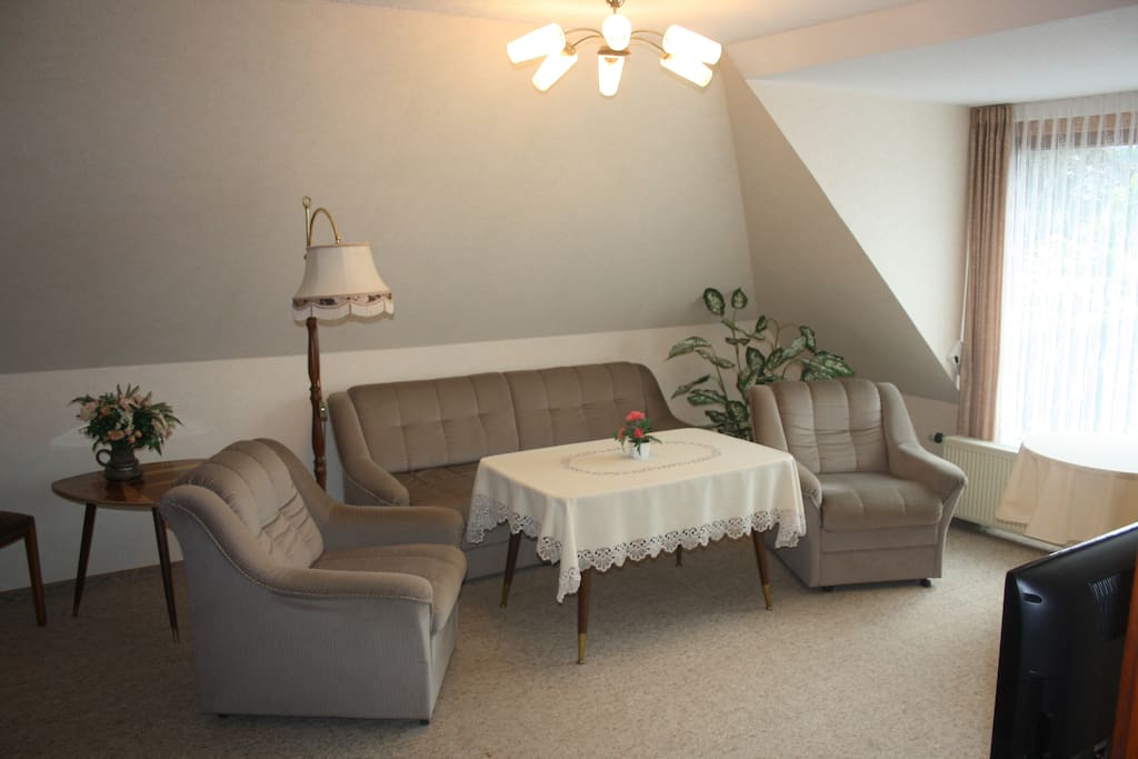 Dies ist das Wohnzimmer. Hier befindet sich auch das zweite Ein-Personen-Bett.