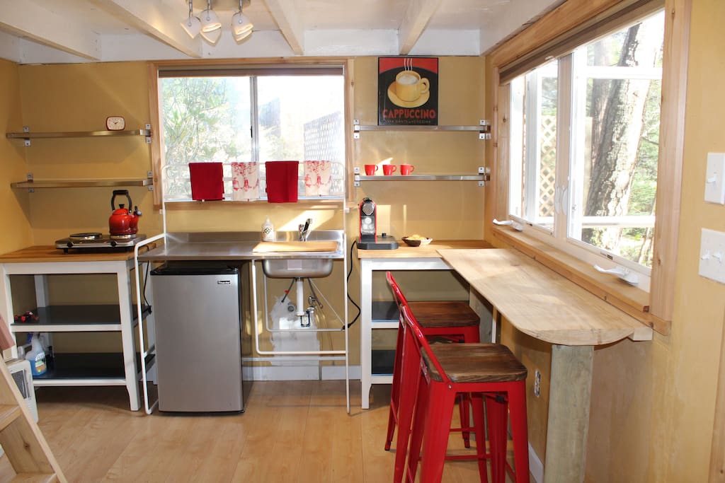 Kitchenette with fridge, coffee maker, tea kettle, hot plate & sink