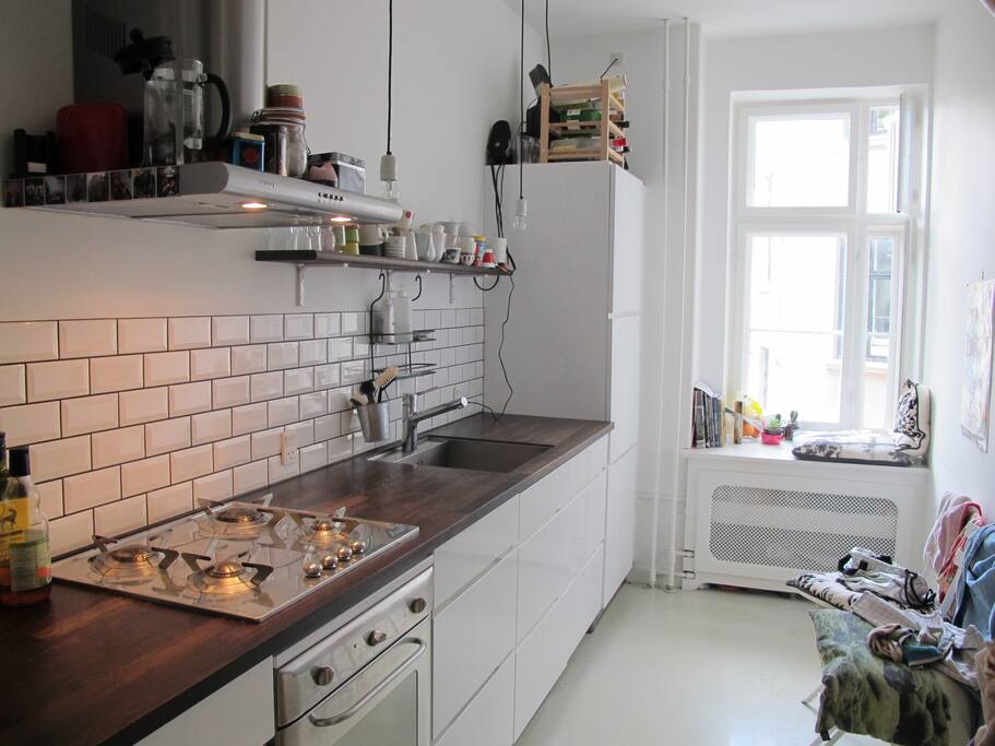 Kitchen with gas-stove, dish washer and plenty of cooking utensils