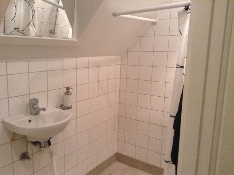 Badeværelset med toilet og bad deles med beboeren