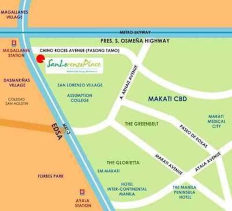 Vicinity Map. Vehicle entrance is along Chino Roces Avenue. Pay parking is available within the property.