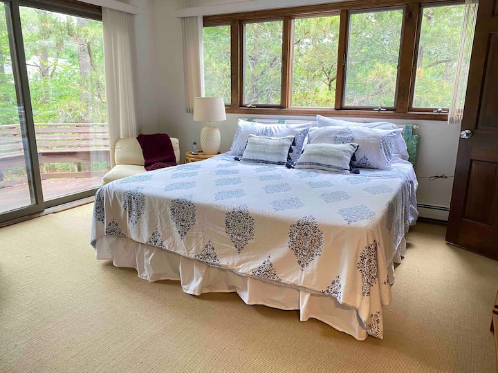 Primary bedroom has a King sized bed with slide doors opening to the back deck.