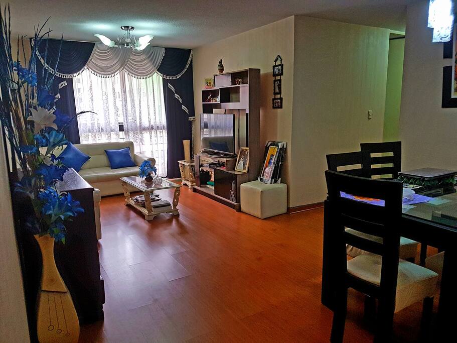 Sala con mueble seccional, smart tv, comedor y mampara que separa al balcon con hermosa vista al parque central