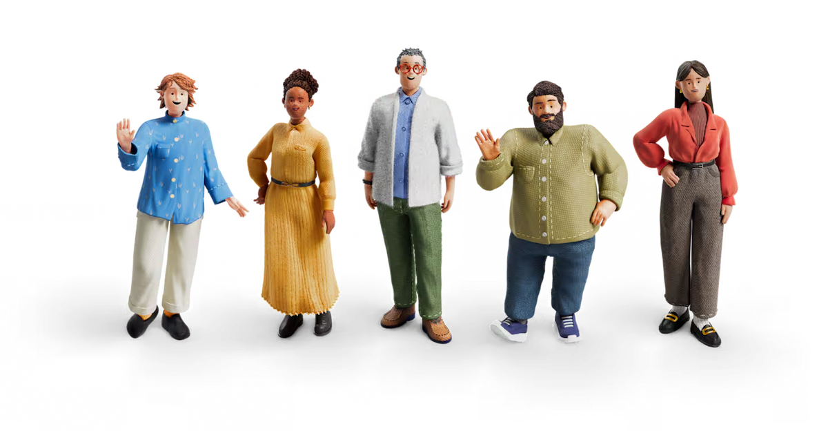 3D ilustrācija, kas attēlo daudzveidīgu cilvēku grupu