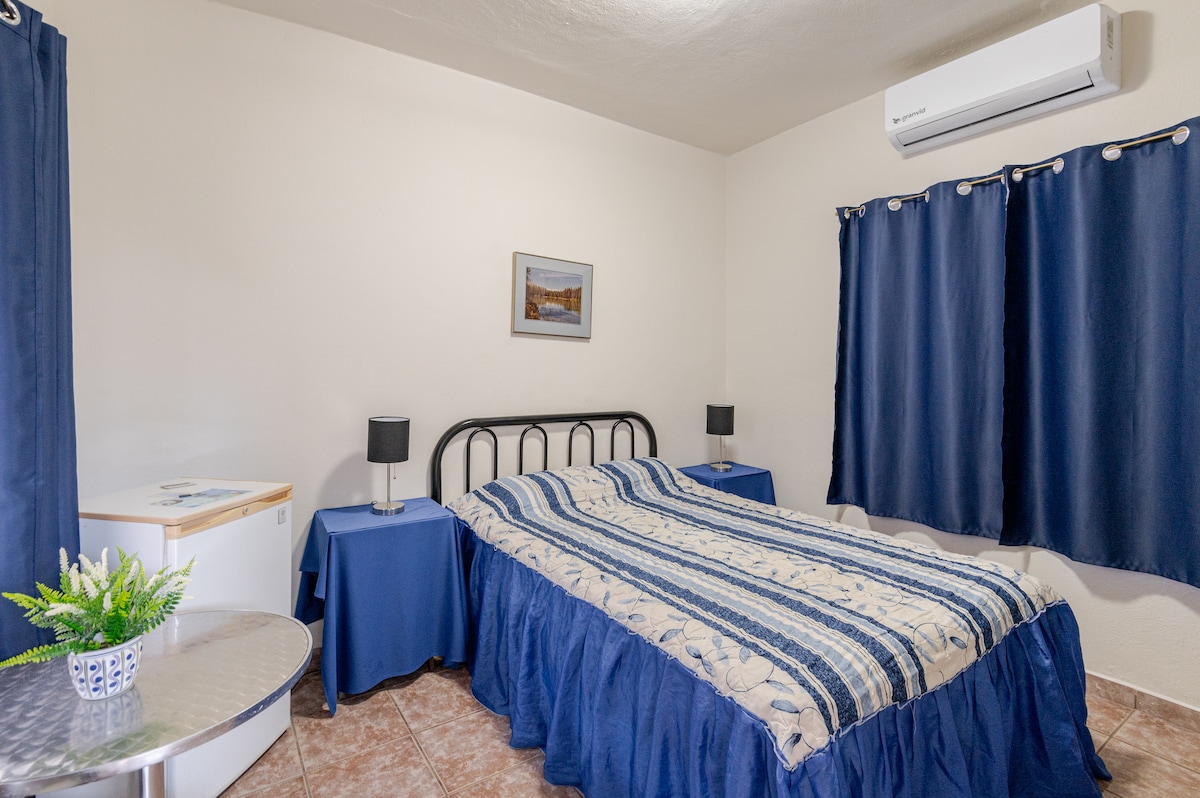 A sleeping area features a spacious bed draped in a patterned blanket. Dark blue curtains frame the windows, while bedside lamps provide soft lighting. A small refrigerator is positioned next to a round dining table adorned with a plant, complementing the room's cozy atmosphere.