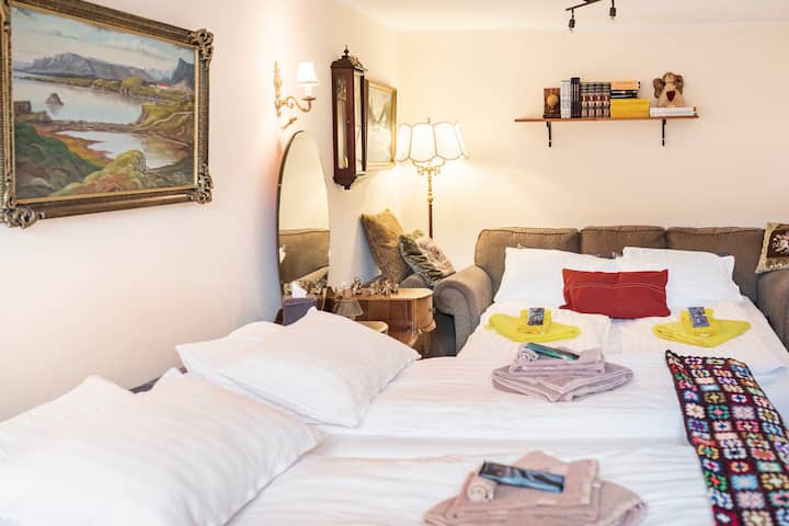 Up to four people can sleep comfortable in the brown room. The beds ( near) can be parted or together. 