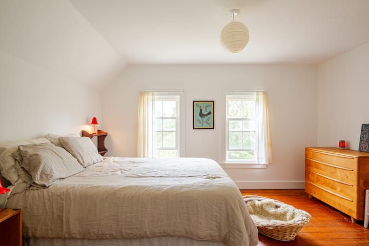 Dhomë gjumi e madhe kryesore me dyshek tempurpedik, krevat dopio "queen", abazhurë me prekje, komodinë dhe dollap të vogël.  Pamje nga fusha fqinje. 