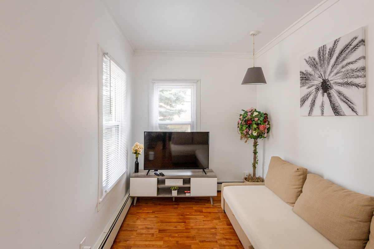 A comfortable living area features a light beige sofa positioned next to a modern TV stand, which holds a large flat-screen television. Natural light filters through a window adorned with white blinds, while a decorative plant adds a touch of greenery to the space.