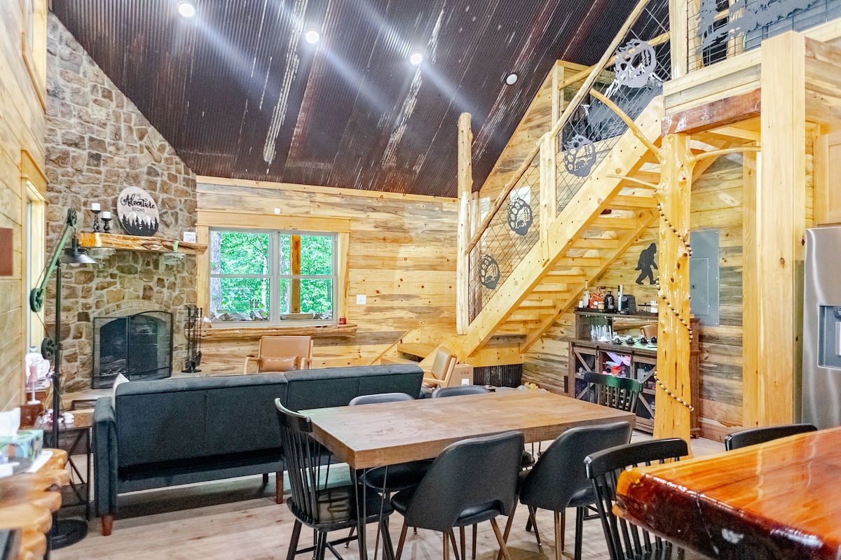 Stone fireplace and living room