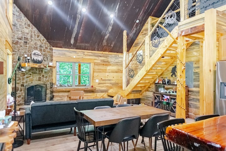 Stone fireplace and living room