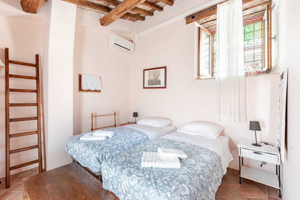 Dormitorio con 2 camas individuales, armario y aire acondicionado.