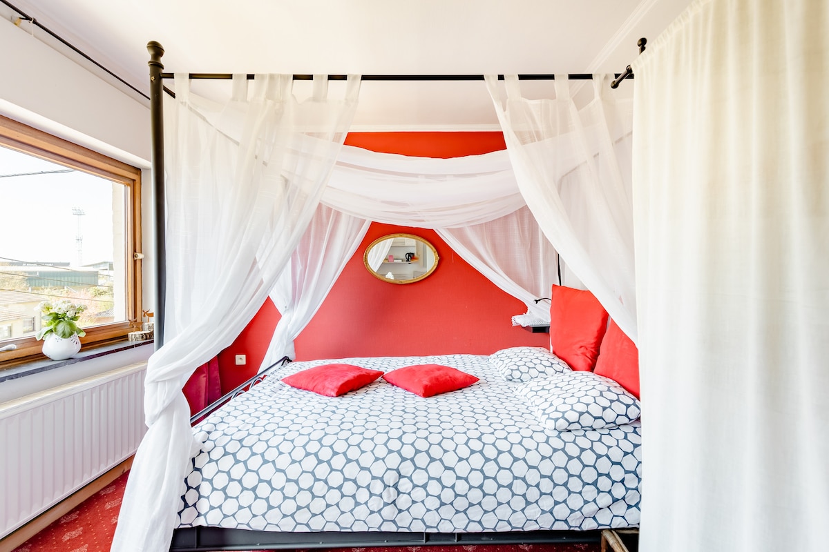 A spacious bed is draped with light sheer curtains, creating an airy ambiance. The bright red walls enhance the room's warmth, while decorative red pillows add color to the bedding. A round mirror reflects light, and a window offers views of the outside.