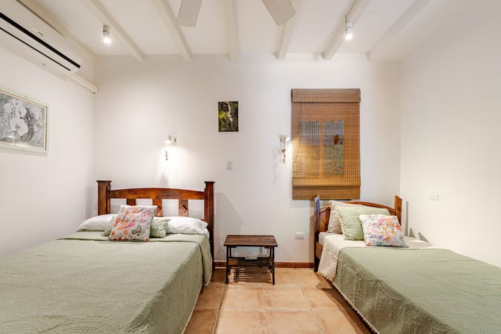 Chambre confortable avec un lit double et un lit simple, idéale pour les amis ou les petites familles.