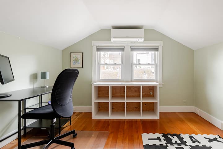 Since we have had our photos done we added a queen bed, room also has dedicated workspace, blackout shades, storage, and AC. This bedroom is up steep stairs.