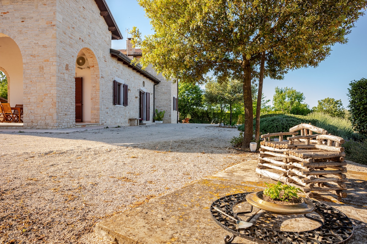A charming stone farmhouse is shown with a spacious outdoor area, shaded by a large tree. A decorative stone circle with a simple arrangement of logs is visible in the foreground. The inviting façade features arched entrances and attractive window shutters.