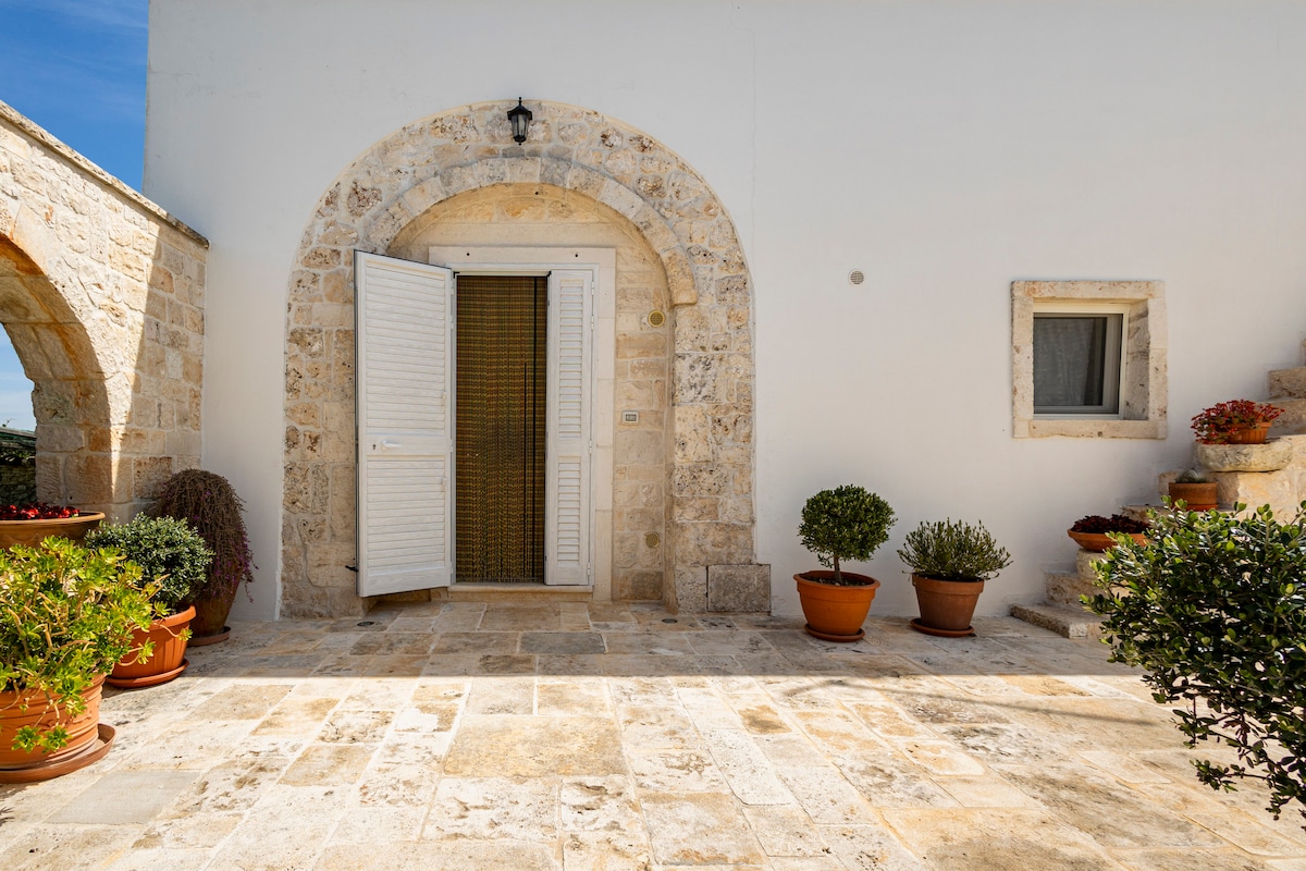 An exterior view of the house is shown, featuring a charming arched doorway with open white shutters. Potted plants are placed around the entrance, adding greenery to the natural stone facade. A stone pathway leads towards the door, enhancing the welcoming appearance.